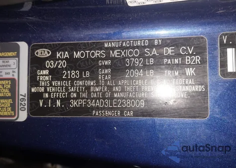 2020 Kia Forte Gt-Line from USA, damaged, VIN 3KPF34AD3LE238009